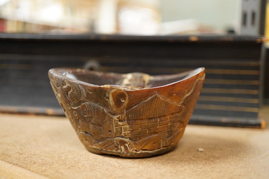 A Japanese lacquer box and a horn carving, box 30cm wide